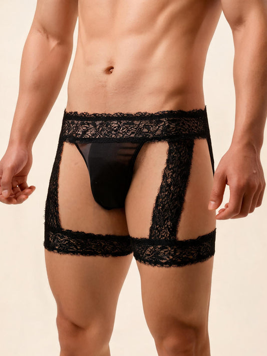 Men's Lace Tirm Bulge Pouch G-String Underwear with Garter