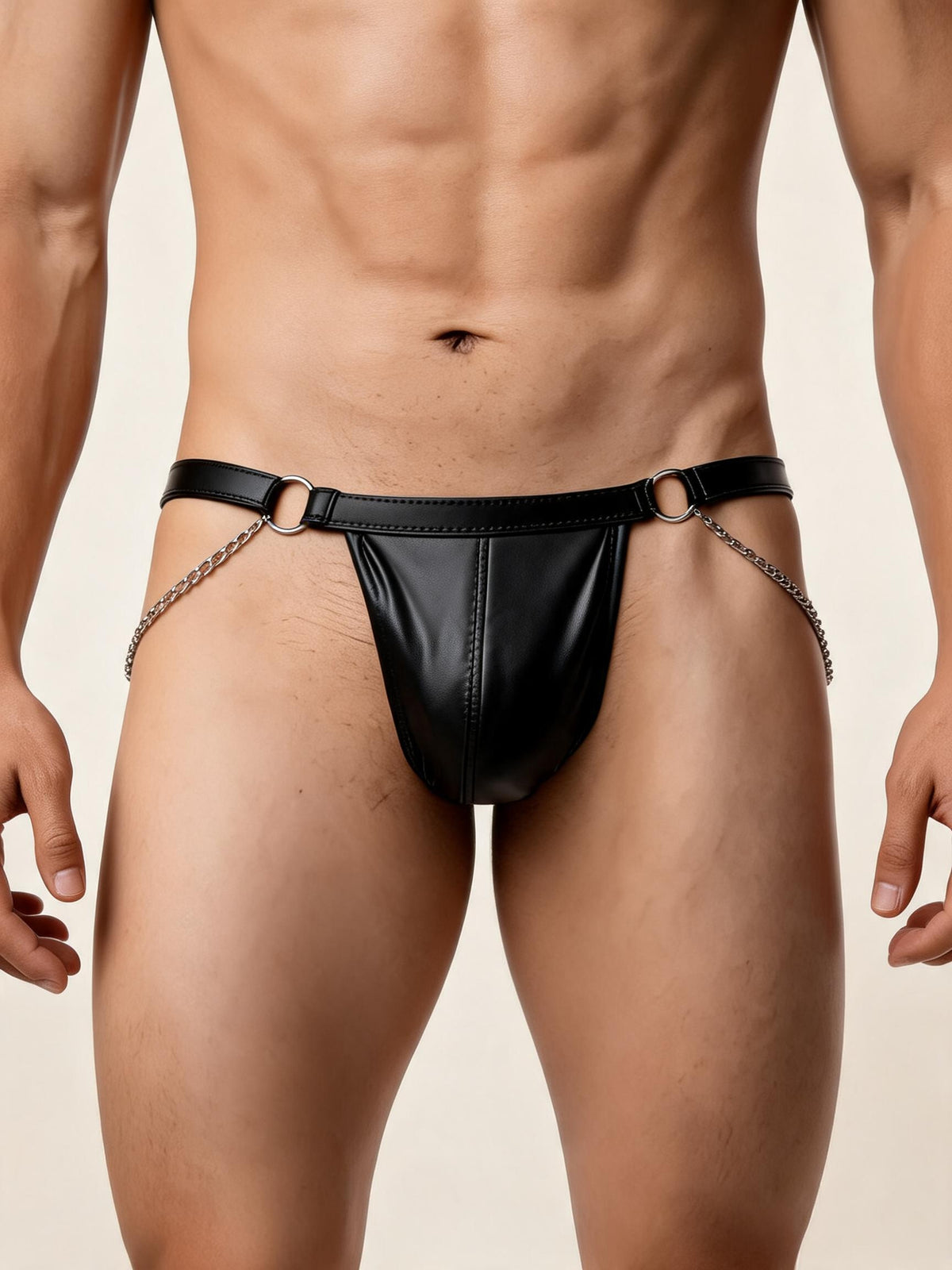 Men's Faux Leather Jockstrap with Chain O-Ring Sexy Lingerie