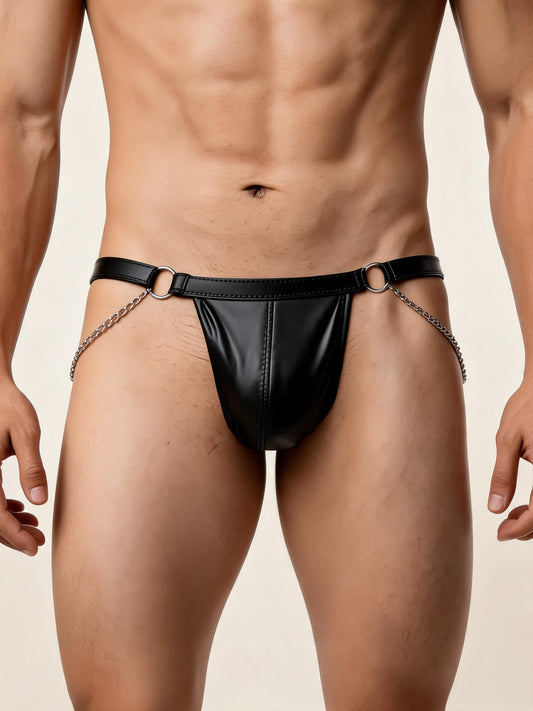 Men's Faux Leather Jockstrap with Chain O-Ring Sexy Lingerie