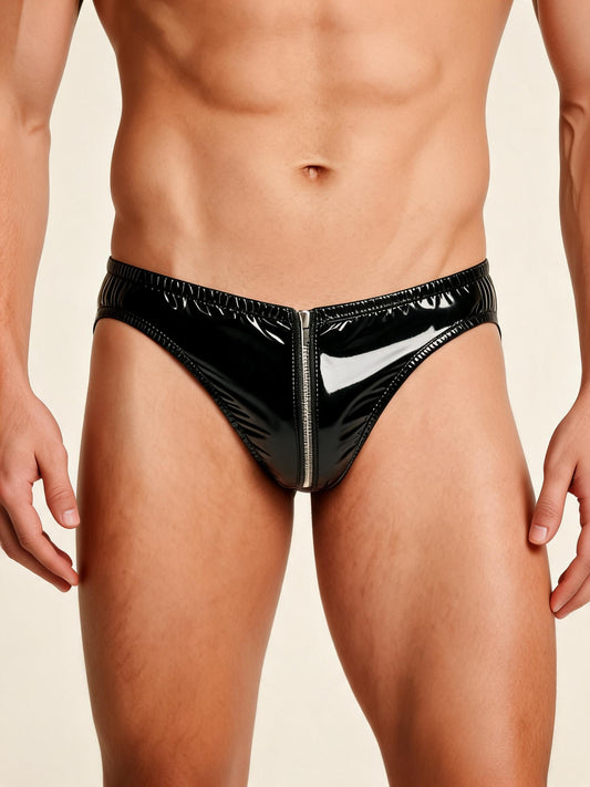 Men's PVC Patent Leather Zipper Thong Shiny Briefs