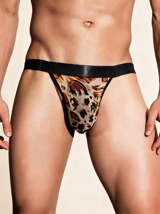 Men's Leopard Print Mesh Thong Black Wide Waistband Bulge Pouch Wild