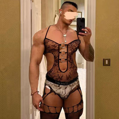 Men's Black Lace Mesh Bodysuit with Panel Metal O-Rings Cutout Suspender