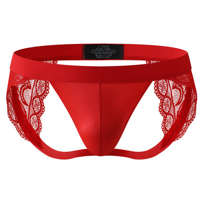 Men's Lace Trim Jockstrap Thong See Through Pouch Backless Lingerie
