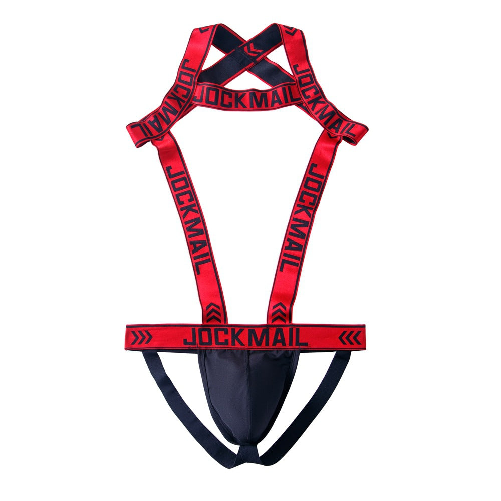 Men's Harness Jockstrap Letter Print Elastic Strap Gym Workout Thong Underwear