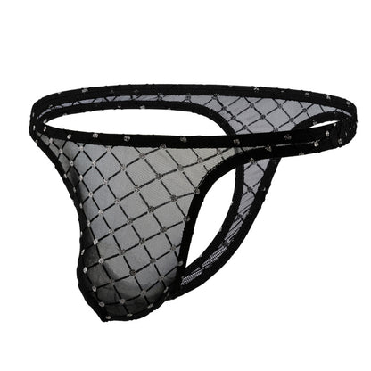 Men's Silver Rhombus Mesh Thong Low Rise Sheer See-Through Briefs