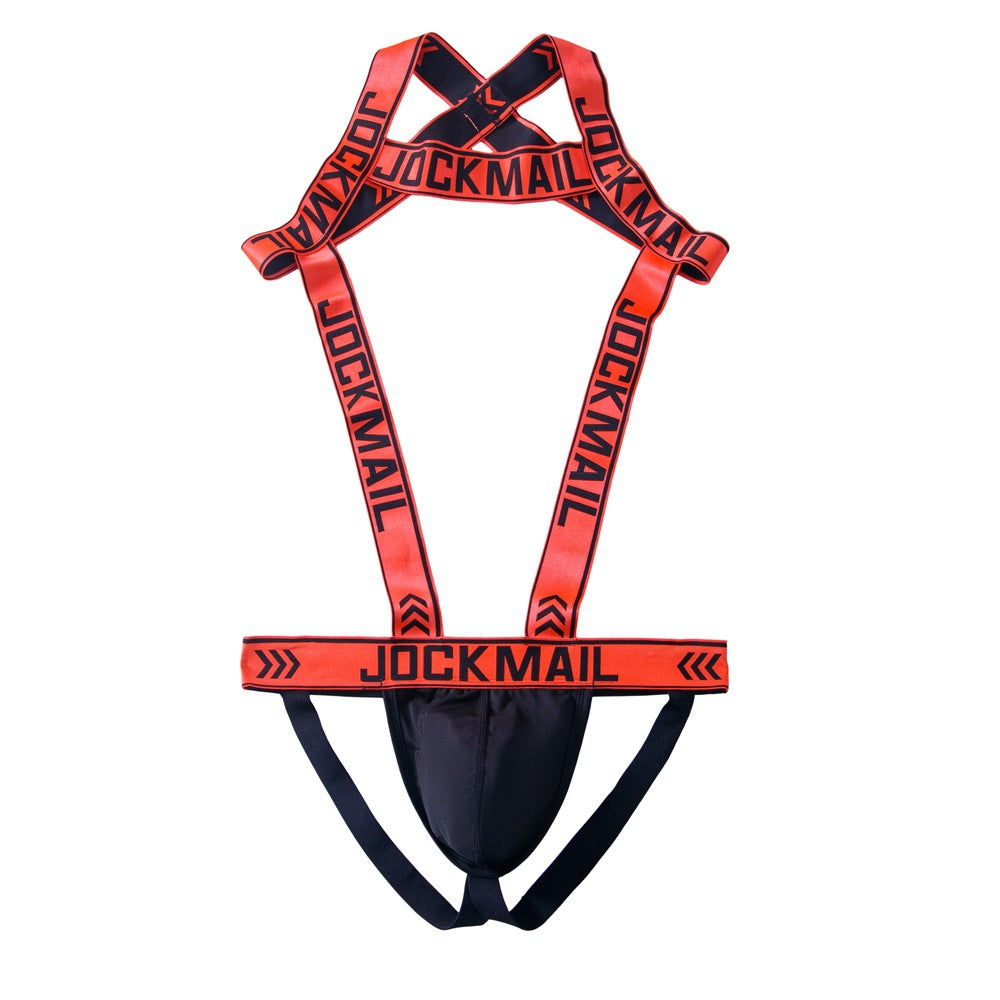 Men's Harness Jockstrap Letter Print Elastic Strap Gym Workout Thong Underwear