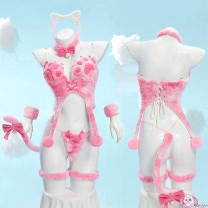 Cat Bunny Cosplay Lingerie Set Black Plush 2 Piece Top & Panties with Paw Print Tail