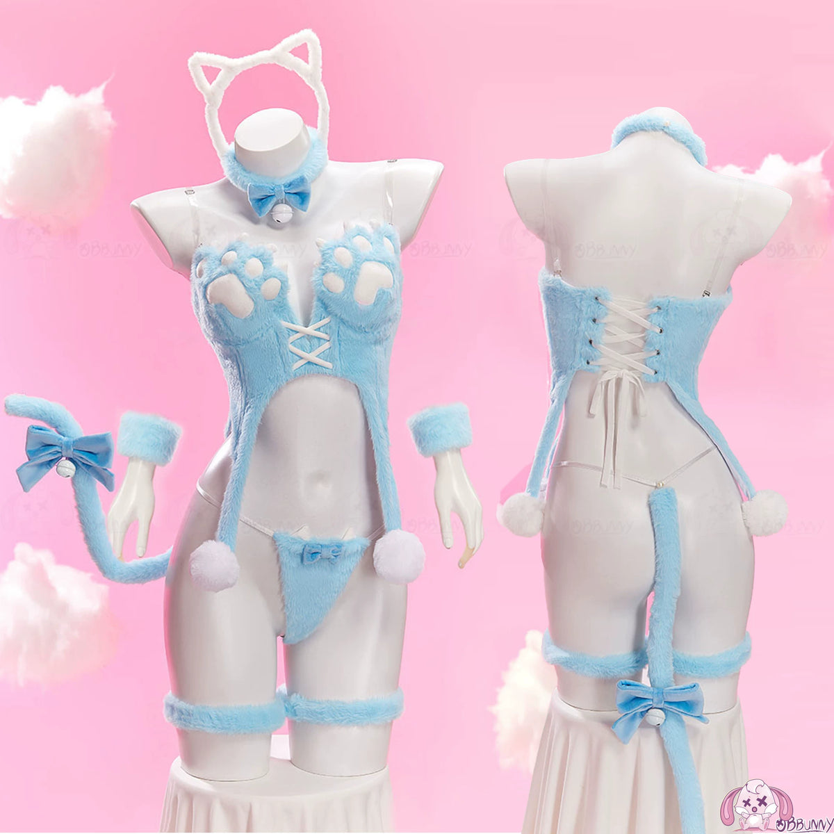 Cat Bunny Cosplay Lingerie Set Black Plush 2 Piece Top & Panties with Paw Print Tail