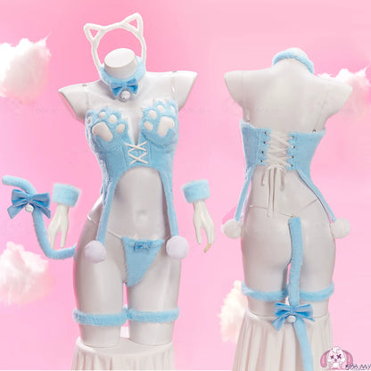 Cat Bunny Cosplay Lingerie Set Black Plush 2 Piece Top & Panties with Paw Print Tail