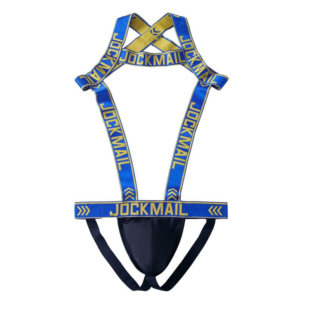 Men's Harness Jockstrap Letter Print Elastic Strap Gym Workout Thong Underwear