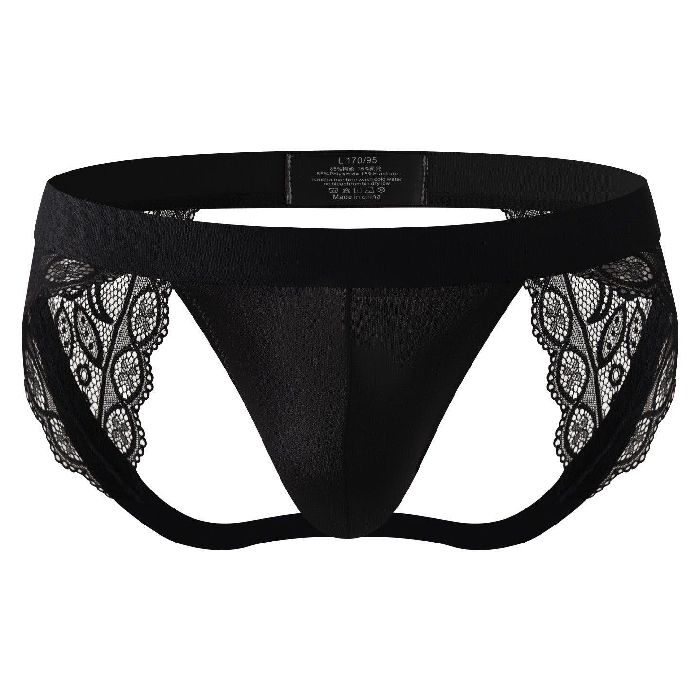 Men's Lace Trim Jockstrap Thong See Through Pouch Backless Lingerie