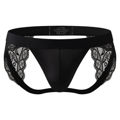 Men's Lace Trim Jockstrap Thong See Through Pouch Backless Lingerie