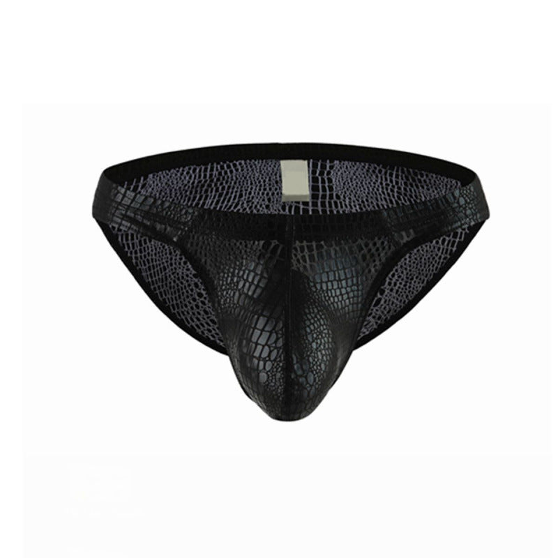 Men's Faux Leather Snake Print Thong Low Rise Sexy Briefs
