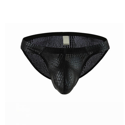 Men's Faux Leather Snake Print Thong Low Rise Sexy Briefs