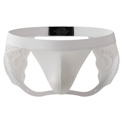 Men's Lace Trim Jockstrap Thong See Through Pouch Backless Lingerie