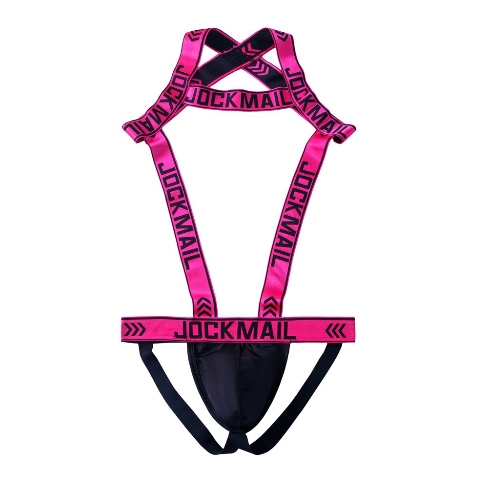 Men's Harness Jockstrap Letter Print Elastic Strap Gym Workout Thong Underwear
