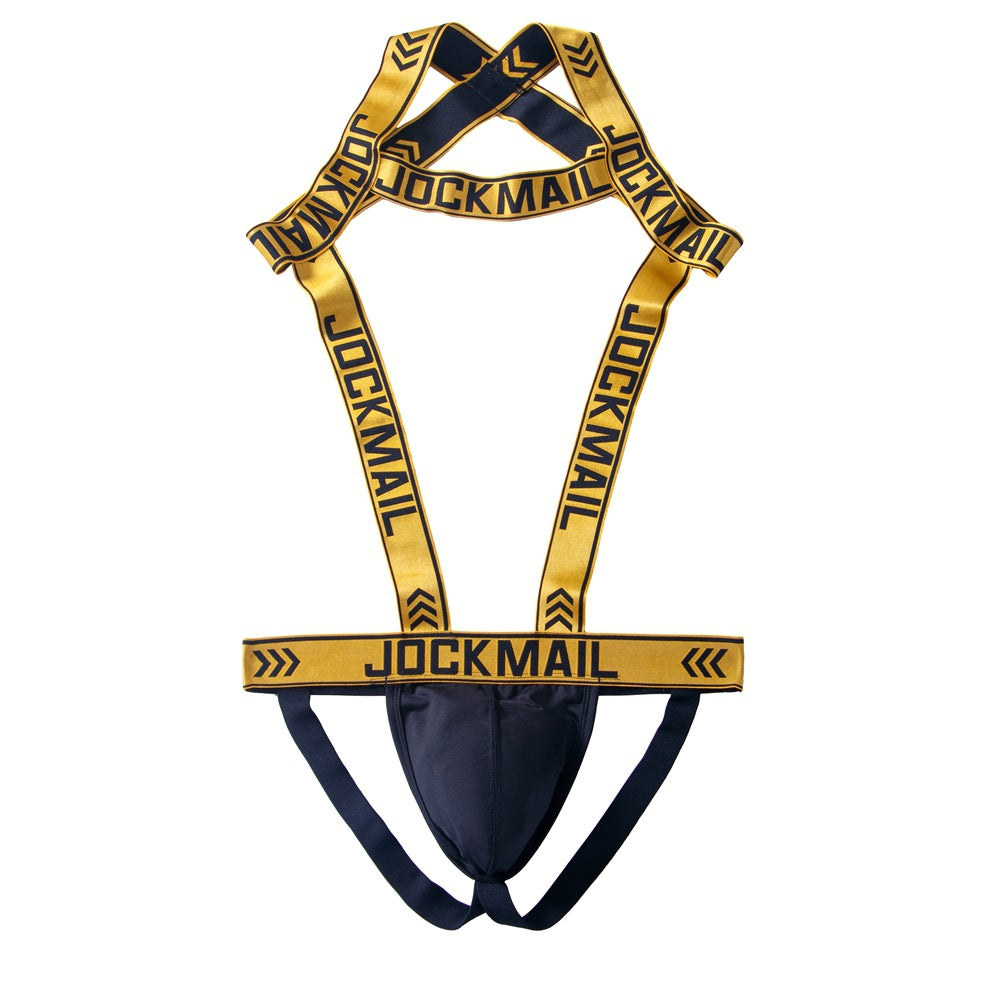 Men's Harness Jockstrap Letter Print Elastic Strap Gym Workout Thong Underwear