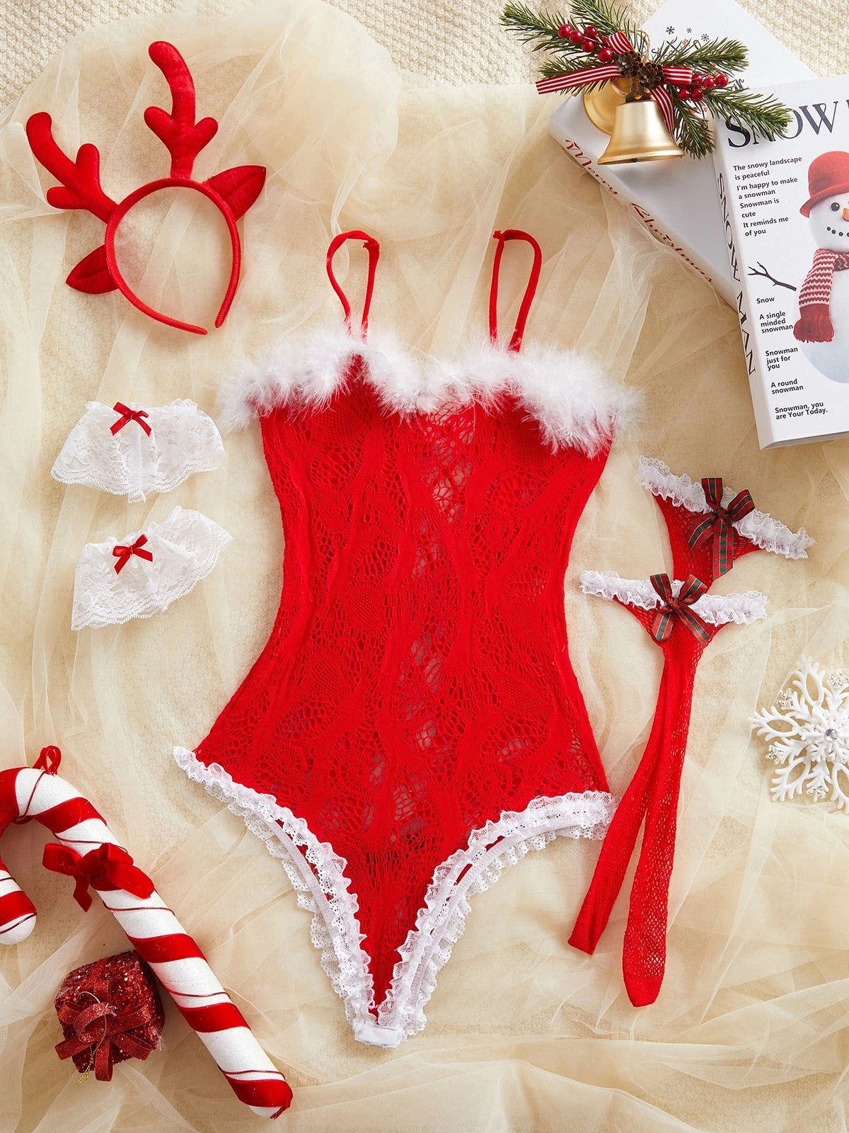 Christmas Bunny Lingerie Set Red Lace Bodysuit Cosplay Costume with Garter