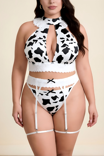 Plus Size Cow Print Lingerie Set