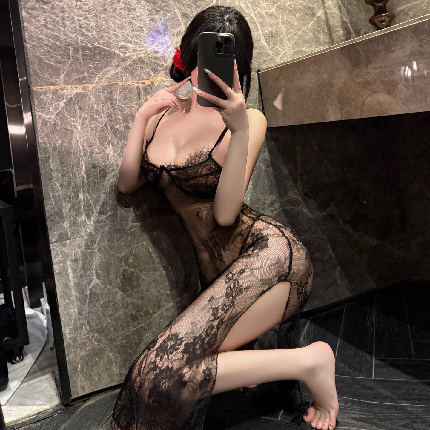Floral Lace High Slit Mesh Nightgown
