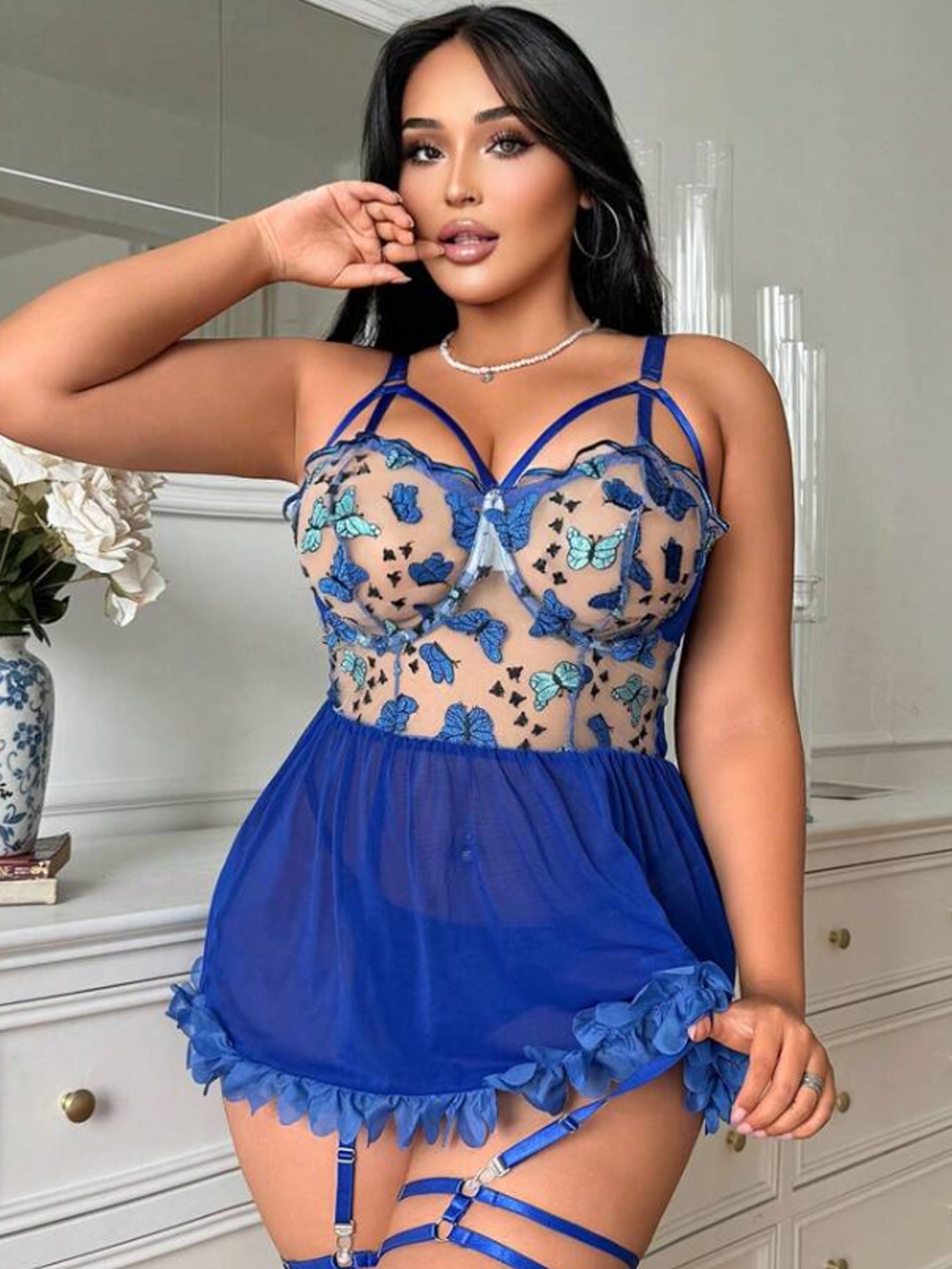 Plus Size Butterfly Embroidered Lace Sheer Dress