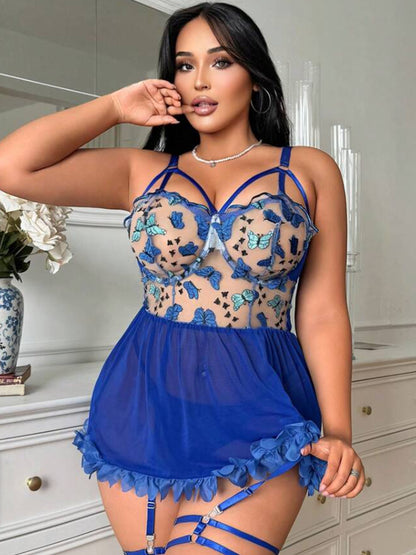 Plus Size Butterfly Embroidered Lace Sheer Dress
