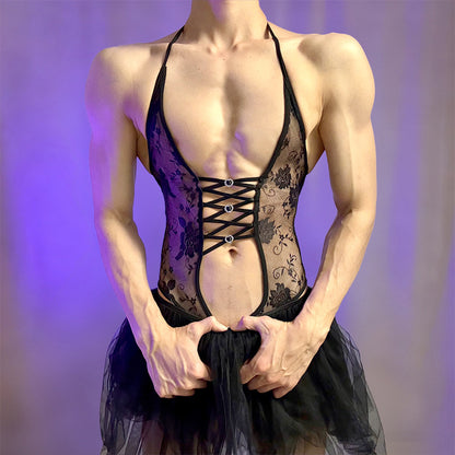 Men's Lace Halter Bodysuit with Tulle Skirt