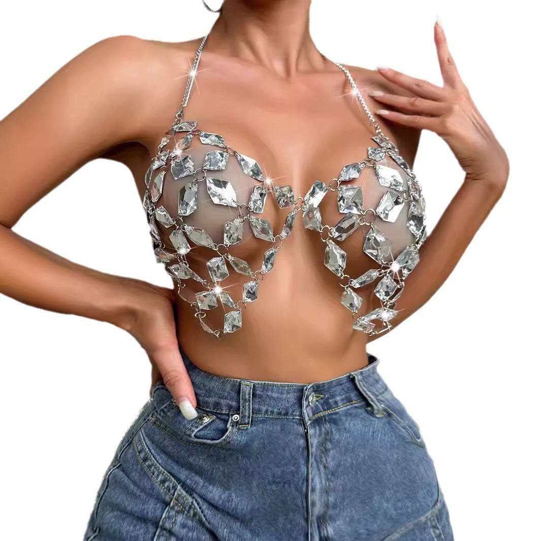 Shiny Crystal Pendant Backless Halter Bra