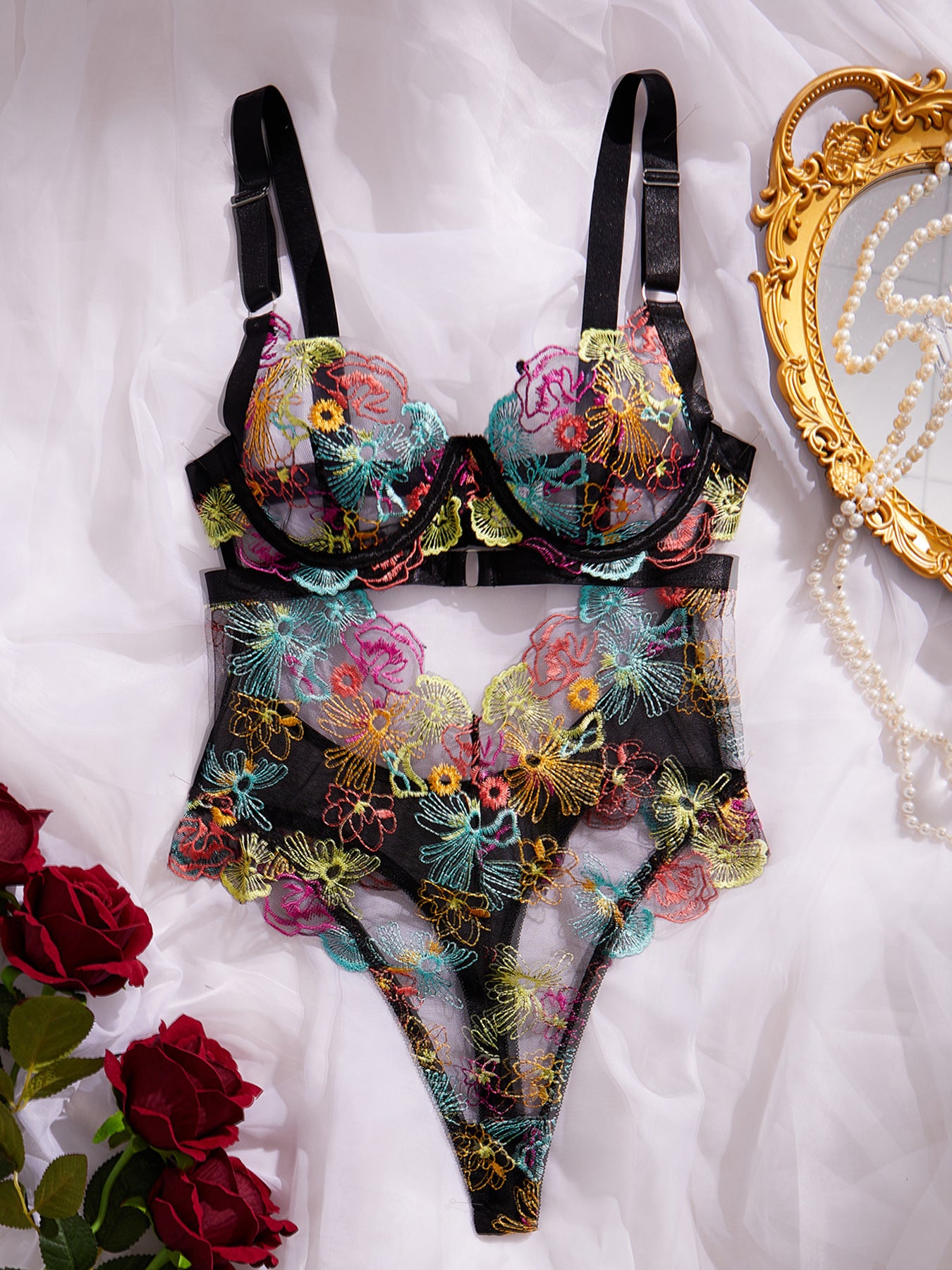 Colorful Flowers Embroidered Sexy Lingerie