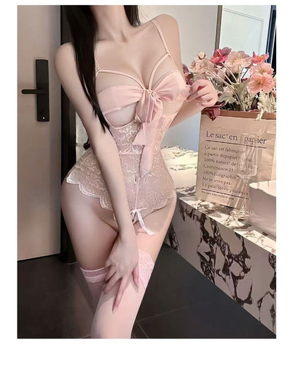 Lace Teddy Bow Tie Cut Out Sheer Mesh Bodysuit Lingerie with Thigh High Stockings