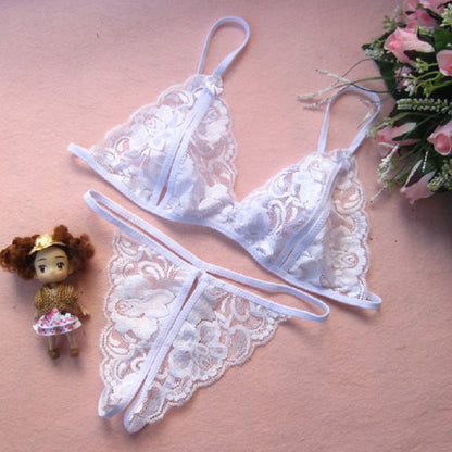 Sexy Transparent Lace Women's Open-Crotch Three-Piece Set Seductive Sexy Lingerie