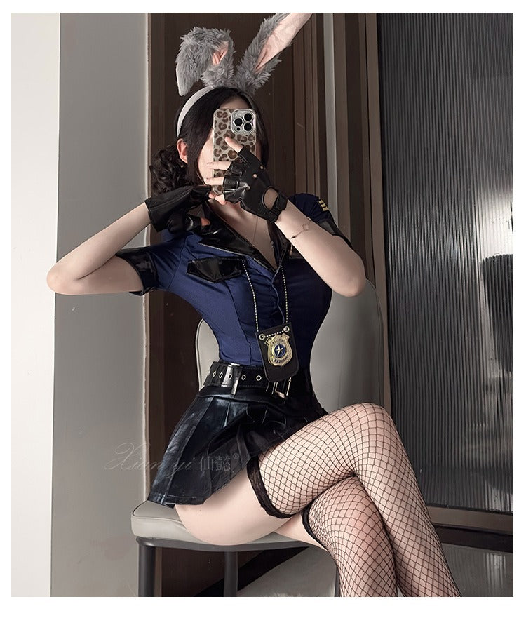 Police Cosplay Costume Bunny Ears Deep V Leather Skirt