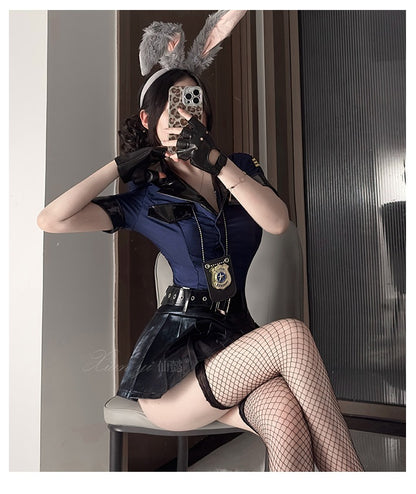 Police Cosplay Costume Bunny Ears Deep V Leather Skirt