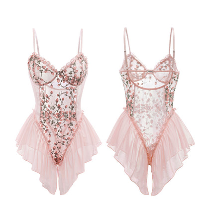 Deep V-neck Floral Embroidered Open-crotch Bodysuit