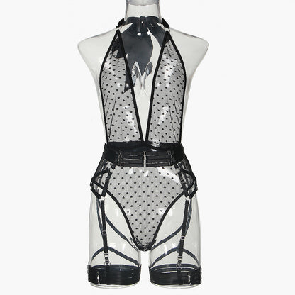Dot Mesh Deep V Lace-up Halterneck Jumpsuit Five-Piece Suit