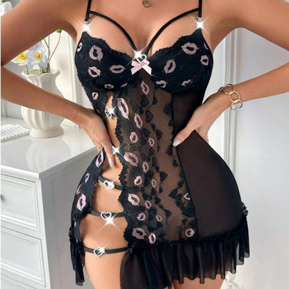 Sheer Mesh Chemise with Red Lips Embroidery and Strappy Details