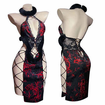 Ancient Style Plush Halter Neck Straps Cheongsam Uniform