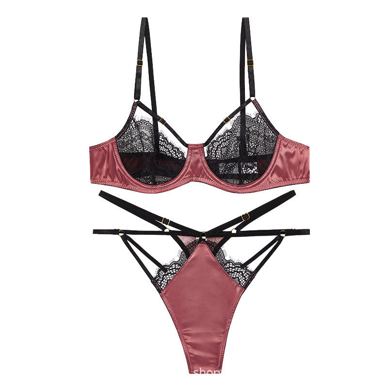 Ultra - thin Lace French Bra T - pants Stitching Perspective Temptation Sexy Lingerie