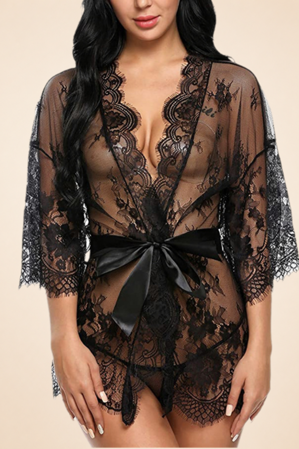 Sheer Floral Lace Bathrobe with Satin Bow Kimono Robe