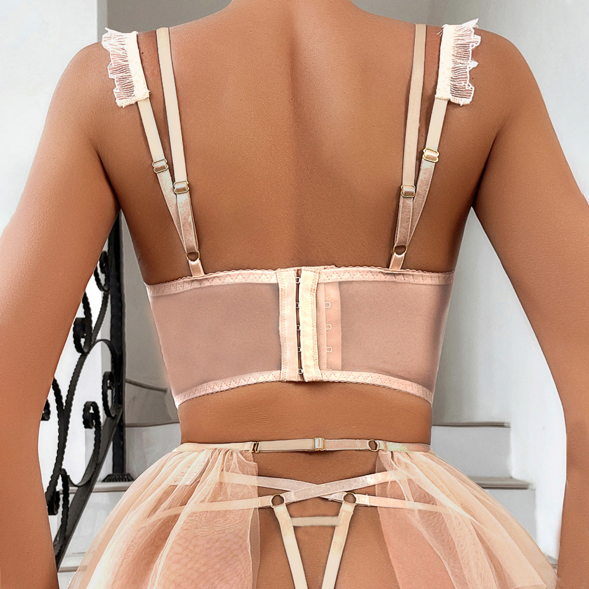 Floral Diamond Quilted Embroidery Sexy Strappy Mesh Tutu Dress Lingerie Sets For Women Sexy