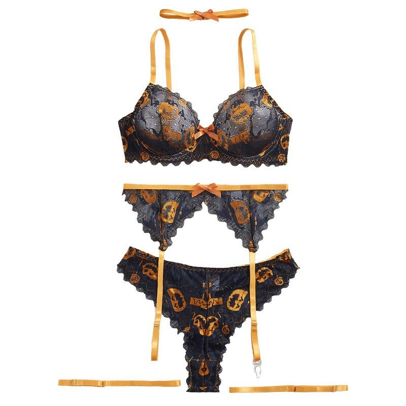 Halloween Pumpkin Print Lingerie Set 3 Piece Lace Bralette Garter Belt & Thong