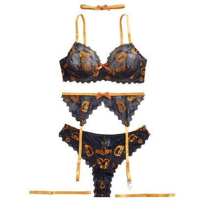 Halloween Pumpkin Print Lingerie Set 3 Piece Lace Bralette Garter Belt & Thong