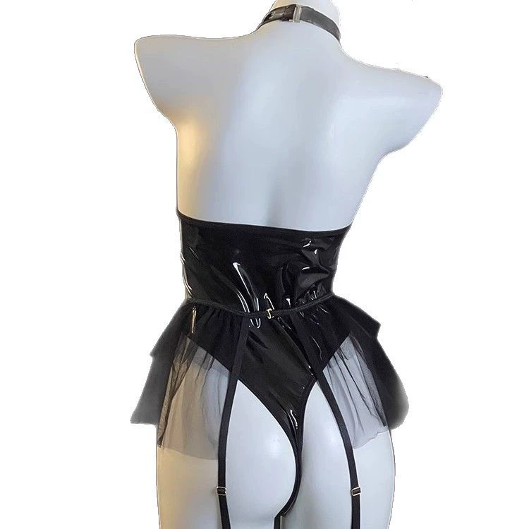 Black Wet Look Bodysuit Halter Mesh Garter Lingerie Set