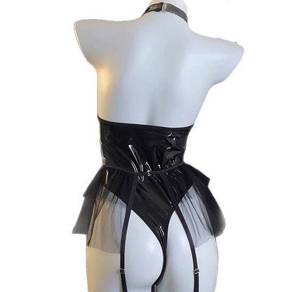 Black Wet Look Bodysuit Halter Mesh Garter Lingerie Set