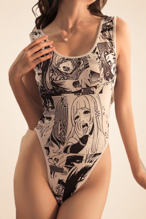 Japanese Style One Piece Swimsuit Open Crotch Anime Print High Cut Bodysuit