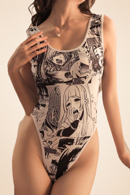 Japanese Style One Piece Swimsuit Open Crotch Anime Print High Cut Bodysuit