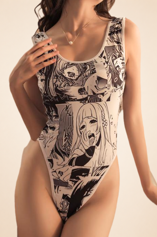 Japanese Style One Piece Swimsuit Open Crotch Anime Print High Cut Bodysuit