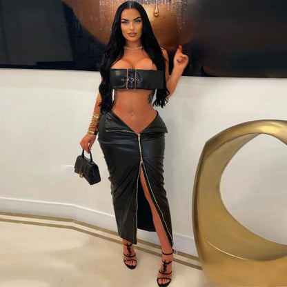 Sexy 2-Piece Dress Set PU Leather Metal Buckle-Embellished Crop Top Split Package Hip Skirt