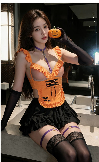 Halloween Orange & Black Maid Lingerie Set 2 Piece Costume Ruffled Cutout Top with Mini Skirt
