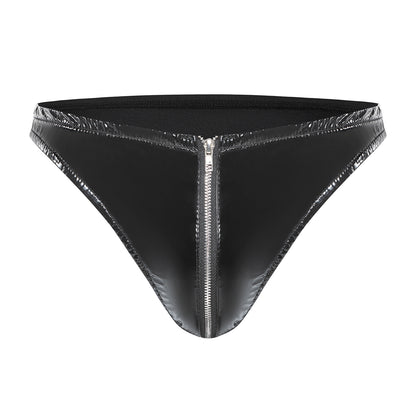 Men's PVC Patent Leather Zipper Thong Shiny Briefs